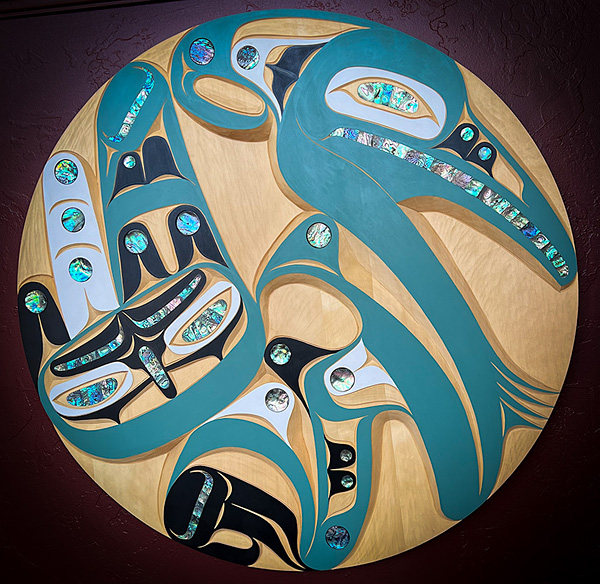 "Green Heron" by Moy Sutherland - Northwest Coast wood carved panel art - Arctic Raven Gallery - friday harbor WA